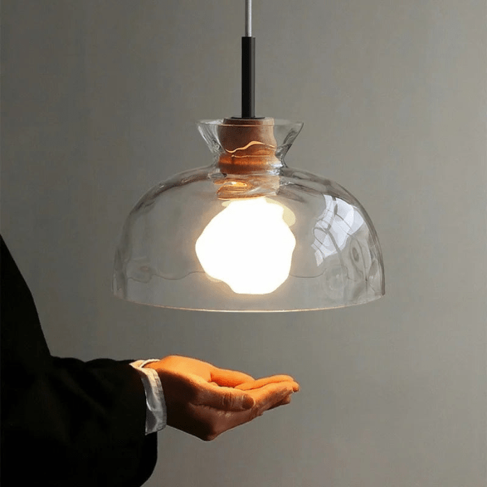 Ripple Glass Pendant Lamp Japanese Minimalist | E27 Dimmable LED | Textured Glass Hanging Light | Modern Wood Accent Lighting