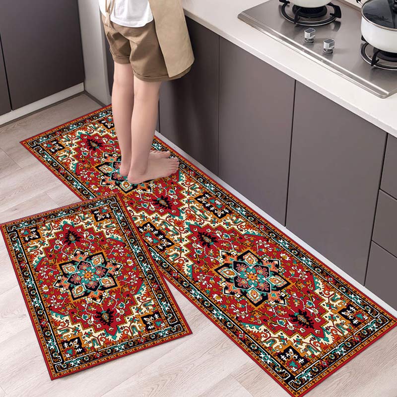 Retro Pattern Kitchen Rug Set (2pcs) | Bohemian Anti-Slip Polyester Floor Mats for Kitchen & Entryway | Decorative Area Rugs 40x60 + 40x120cm