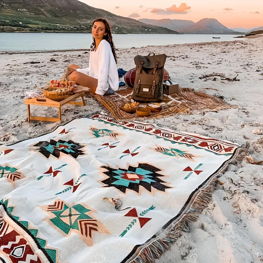Boho Picnic Blanket Reversible | Jacquard Cotton Blend | Durable All-Season Outdoor Blanket | Camping Picnic Floor Mat