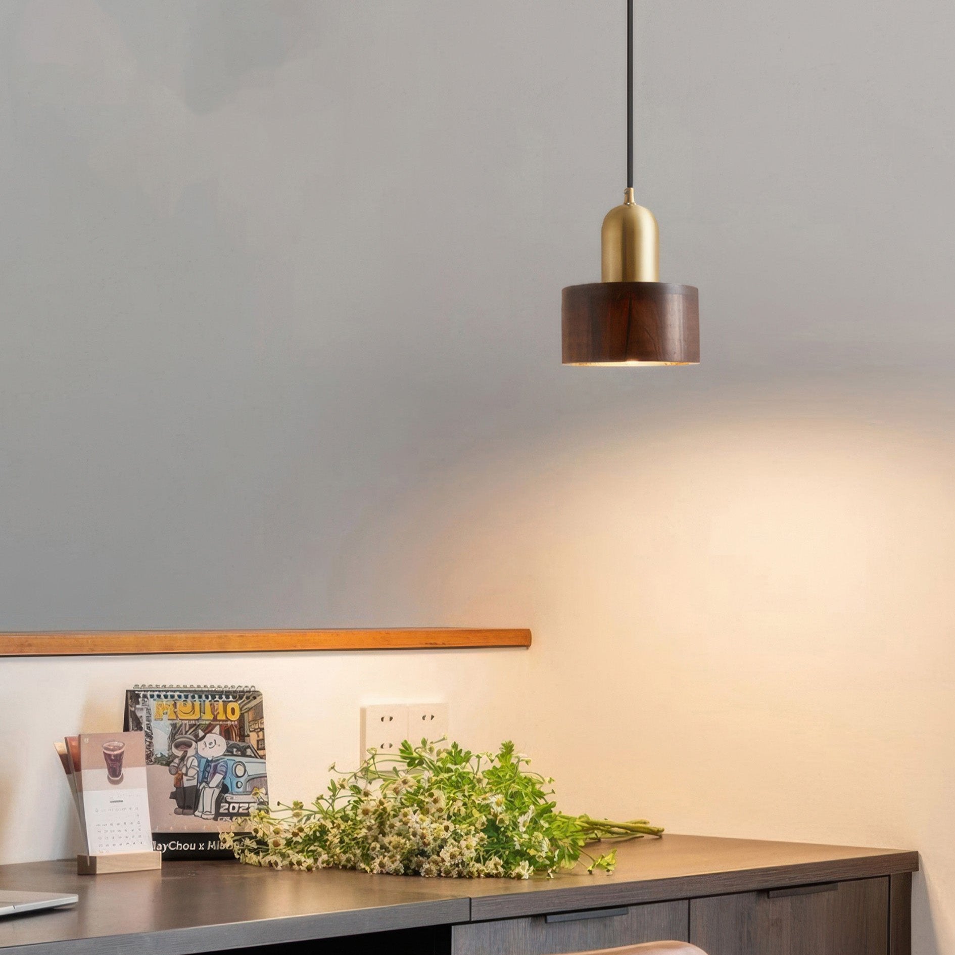 Cylinder Hanging Lamp Japanese Style | LED E27 | Brass & Walnut | Minimalist Indoor Pendant Lighting