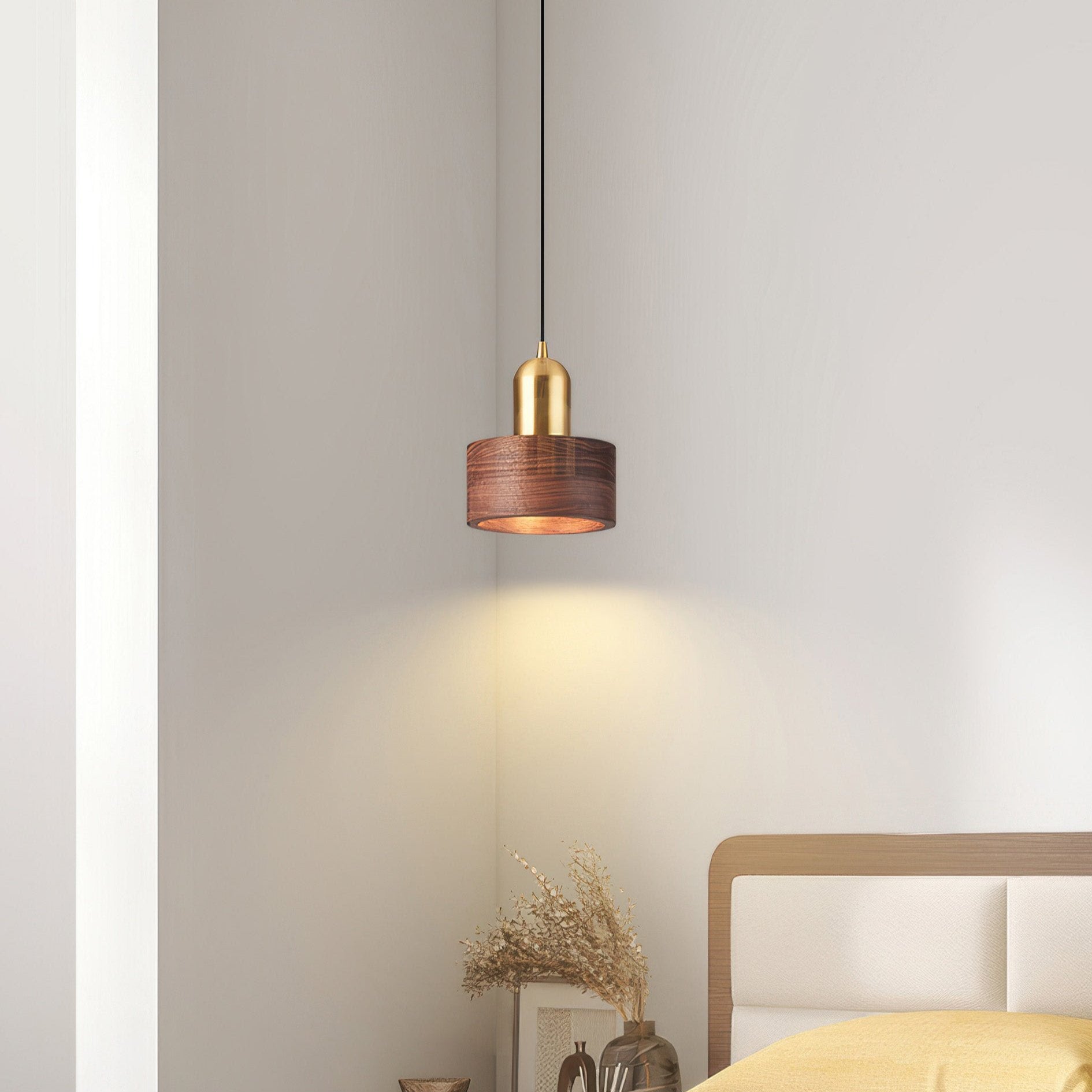 Cylinder Hanging Lamp Japanese Style | LED E27 | Brass & Walnut | Minimalist Indoor Pendant Lighting