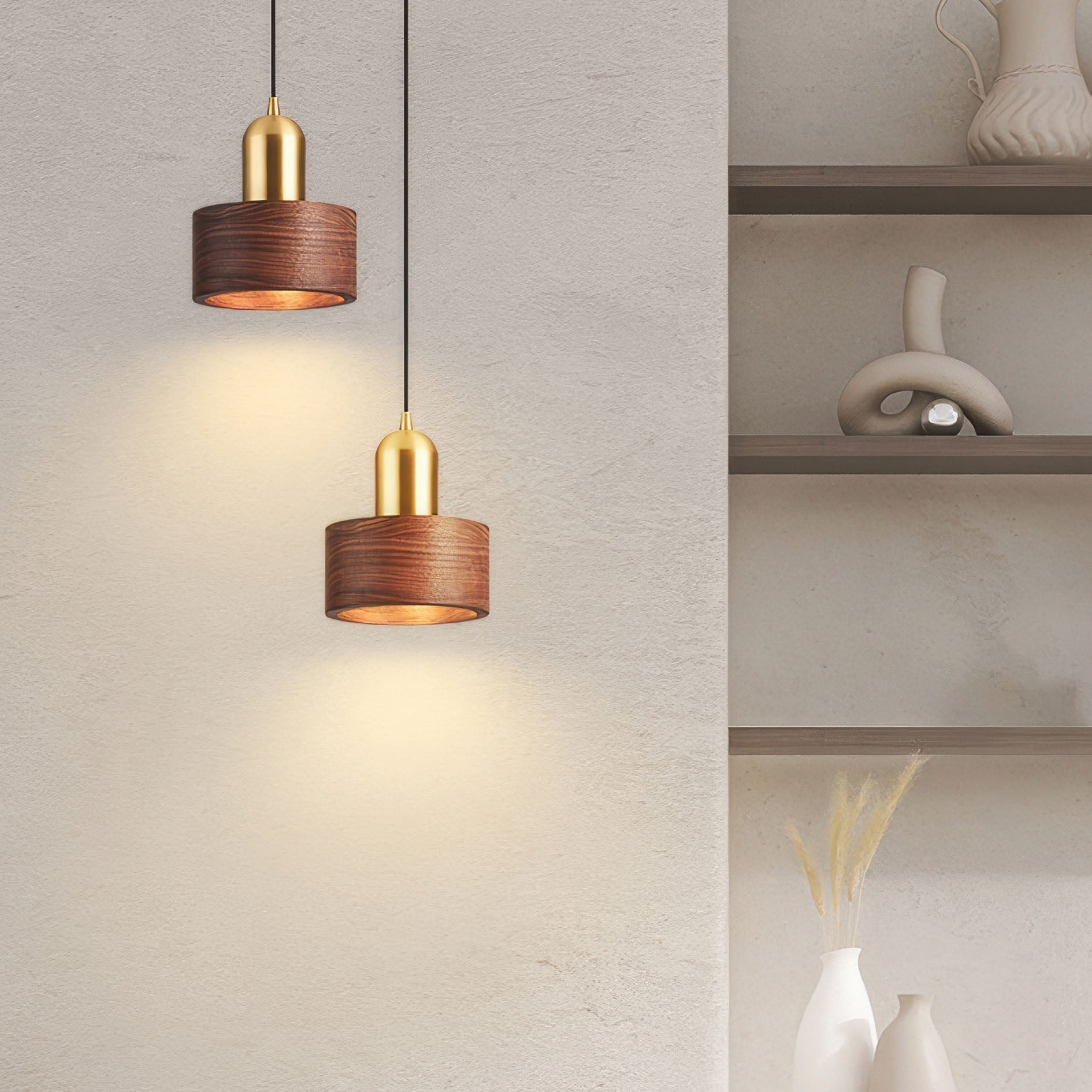 Cylinder Hanging Lamp Japanese Style | LED E27 | Brass & Walnut | Minimalist Indoor Pendant Lighting