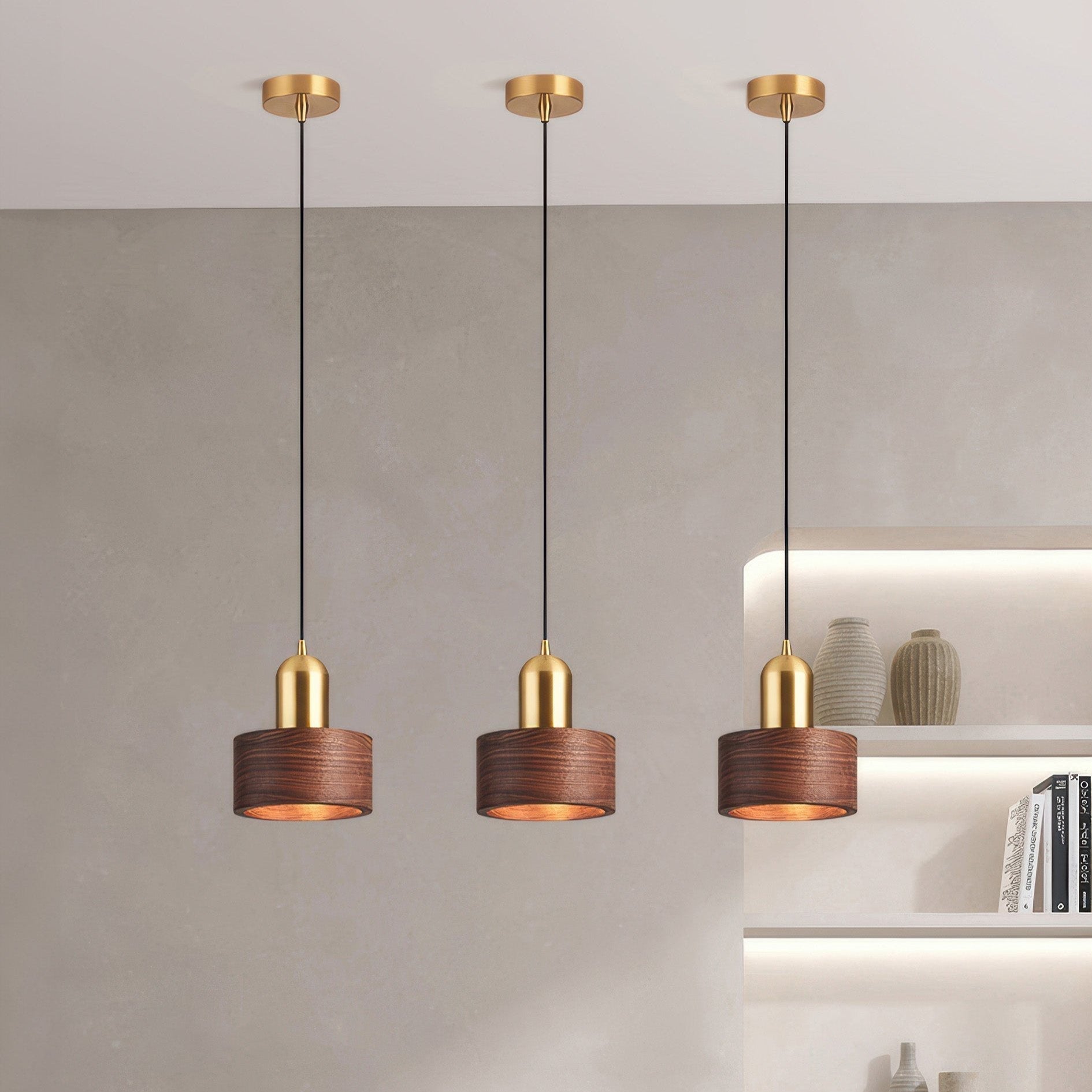 Cylinder Hanging Lamp Japanese Style | LED E27 | Brass & Walnut | Minimalist Indoor Pendant Lighting