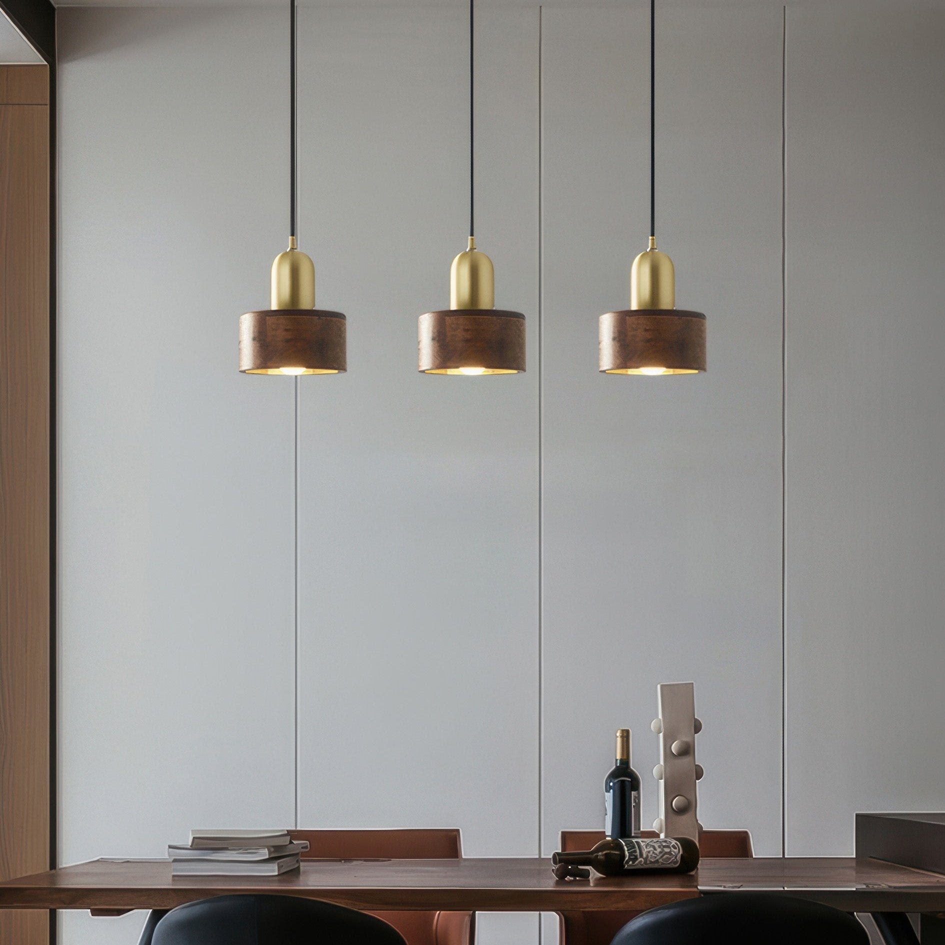 Cylinder Hanging Lamp Japanese Style | LED E27 | Brass & Walnut | Minimalist Indoor Pendant Lighting