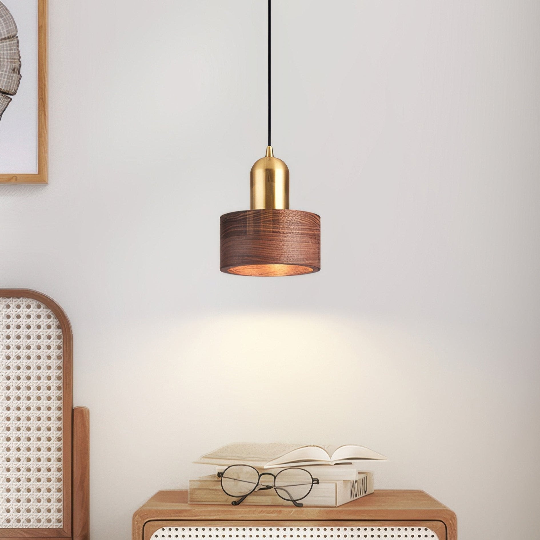Cylinder Hanging Lamp Japanese Style | LED E27 | Brass & Walnut | Minimalist Indoor Pendant Lighting