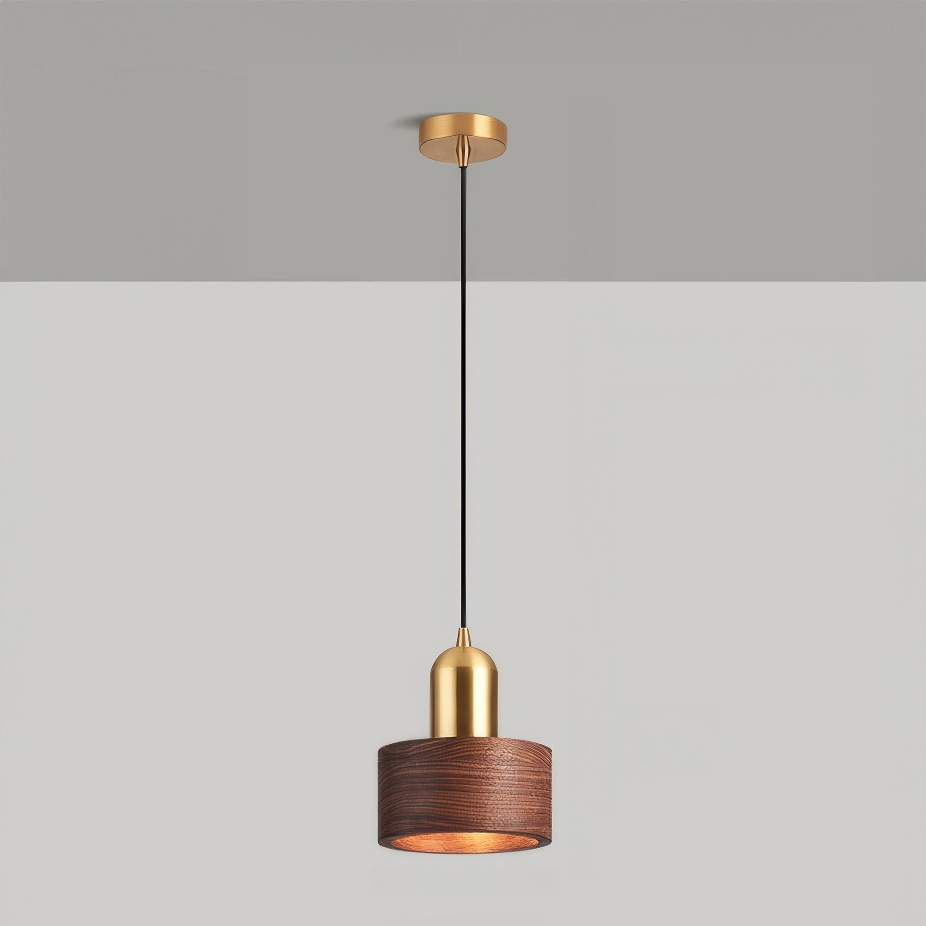 Cylinder Hanging Lamp Japanese Style | LED E27 | Brass & Walnut | Minimalist Indoor Pendant Lighting