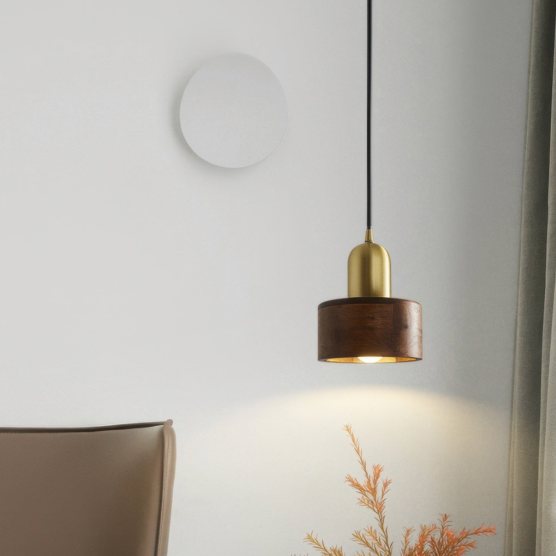 Cylinder Hanging Lamp Japanese Style | LED E27 | Brass & Walnut | Minimalist Indoor Pendant Lighting