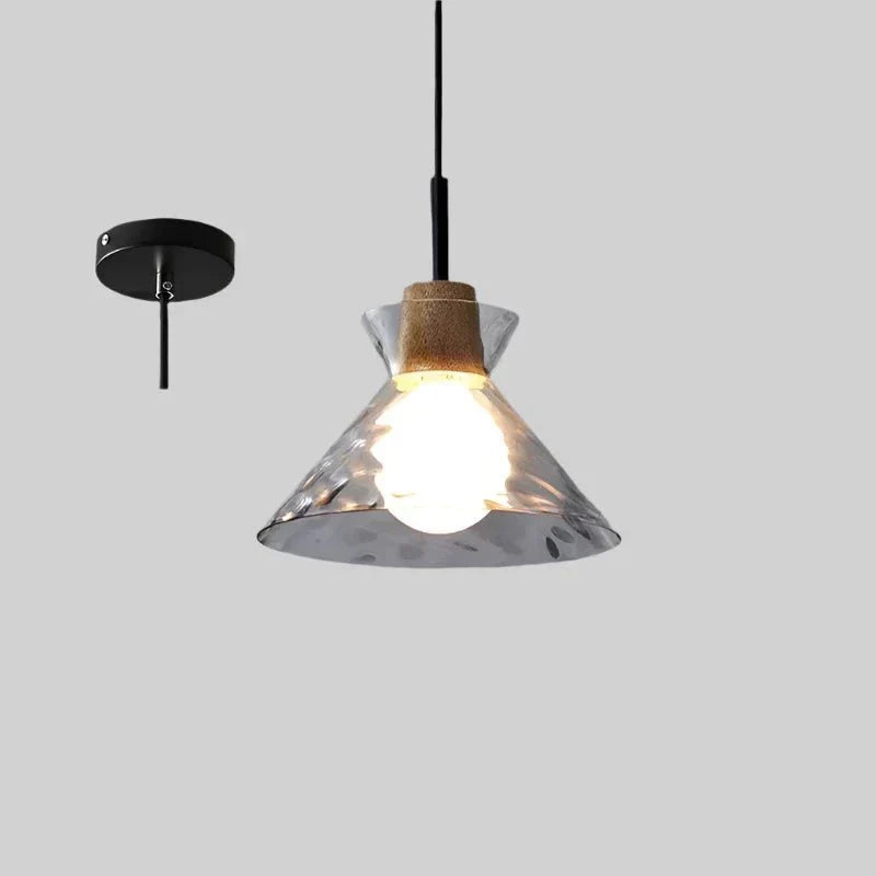 Ripple Glass Pendant Lamp Japanese Minimalist | E27 Dimmable LED | Textured Glass Hanging Light | Modern Wood Accent Lighting