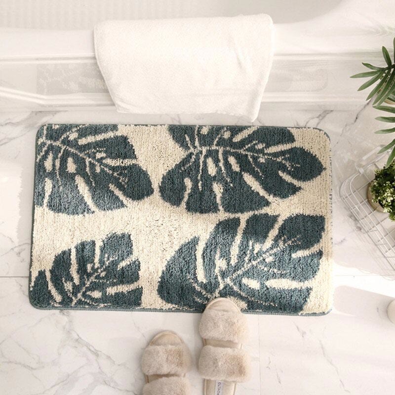 Leaves Print Anti-Slip Bathroom Rug | Soft Plush Microfiber Floor Mat for Bathroom, Kitchen & Entryway | Non-Slip Polyester Rug