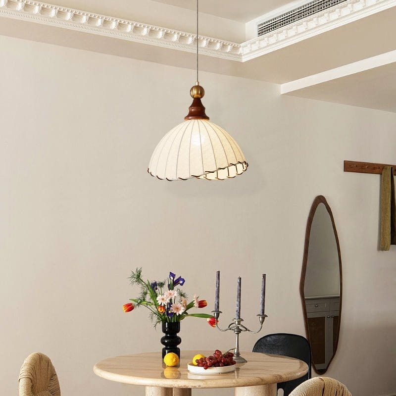 Modern Fabric Pendant Light for Dining & Living Room | Pleated Shade Wood Accent | E26/E27 LED Compatible | Adjustable Cable | 40cm