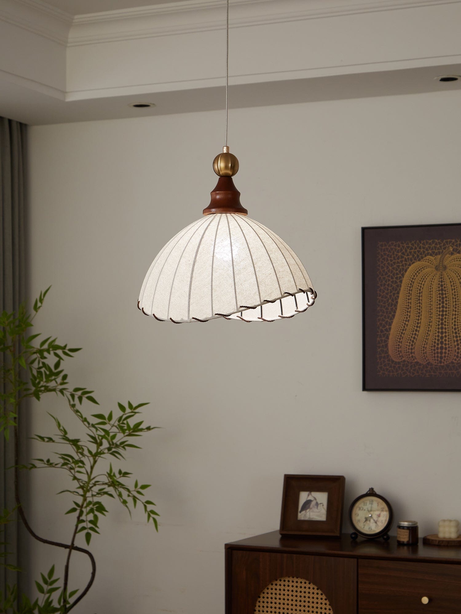 Modern Fabric Pendant Light for Dining & Living Room | Pleated Shade Wood Accent | E26/E27 LED Compatible | Adjustable Cable | 40cm