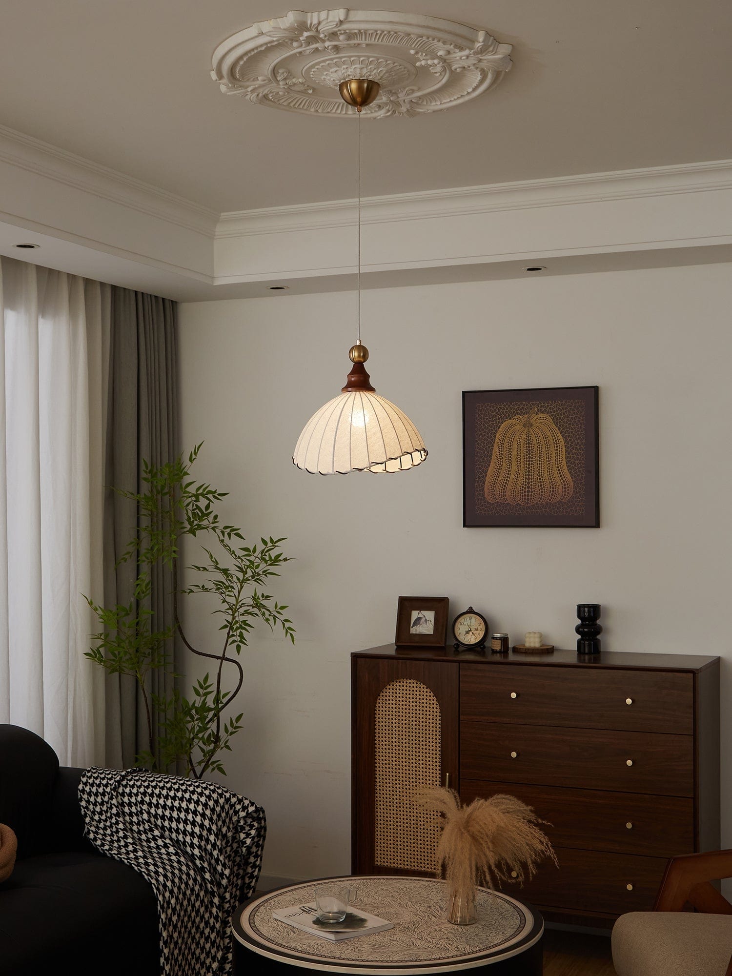 Modern Fabric Pendant Light for Dining & Living Room | Pleated Shade Wood Accent | E26/E27 LED Compatible | Adjustable Cable | 40cm