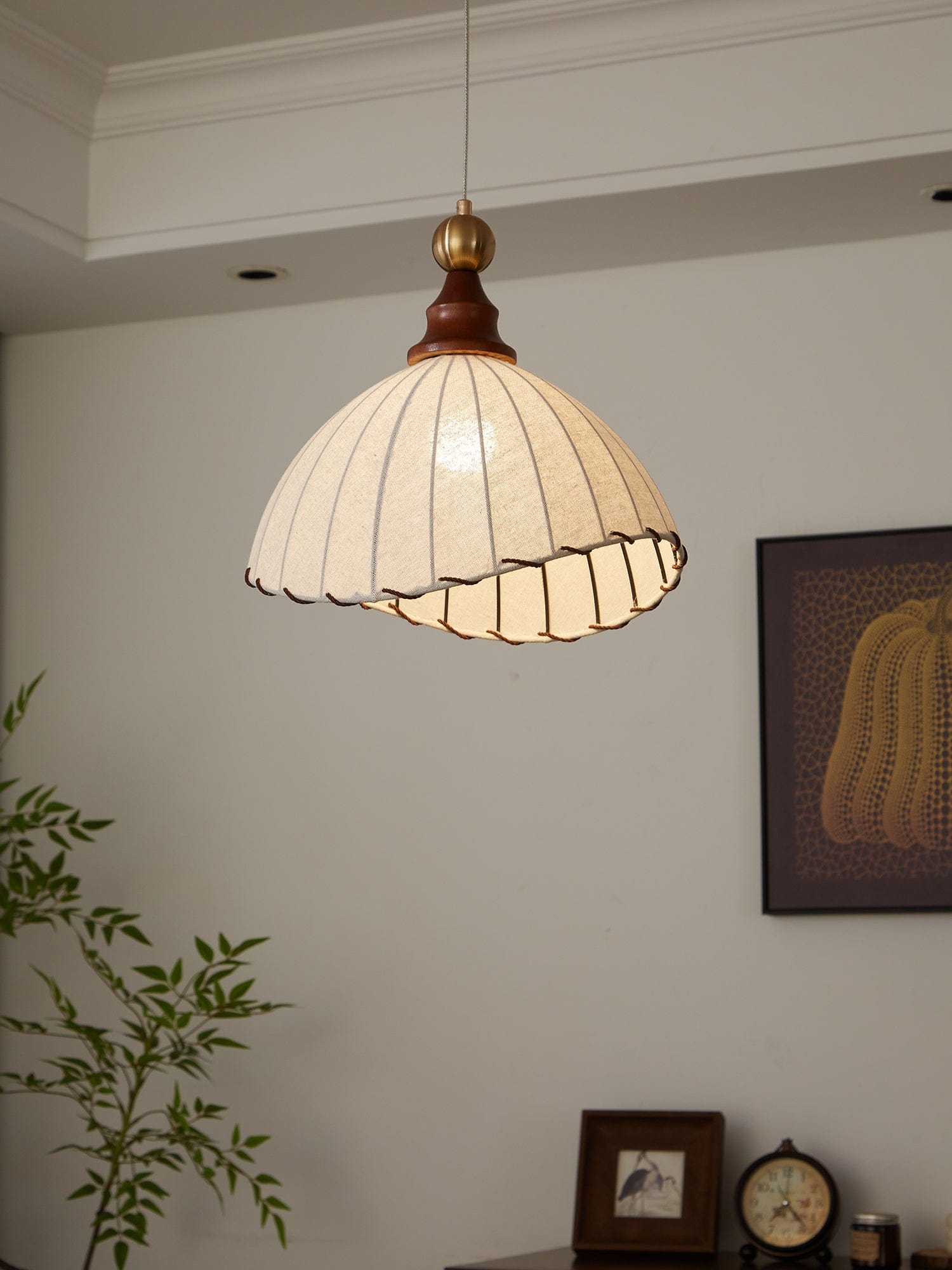 Modern Fabric Pendant Light for Dining & Living Room | Pleated Shade Wood Accent | E26/E27 LED Compatible | Adjustable Cable | 40cm
