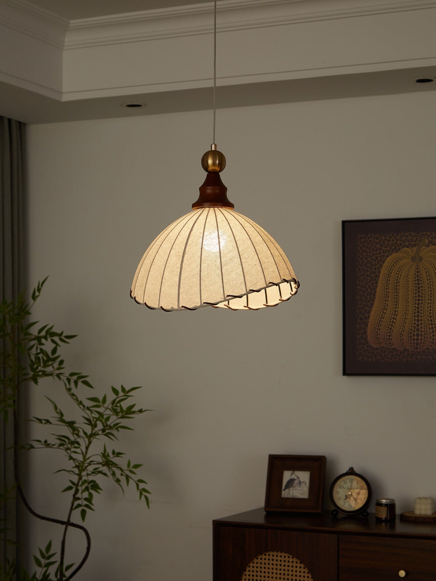 Modern Fabric Pendant Light for Dining & Living Room | Pleated Shade Wood Accent | E26/E27 LED Compatible | Adjustable Cable | 40cm