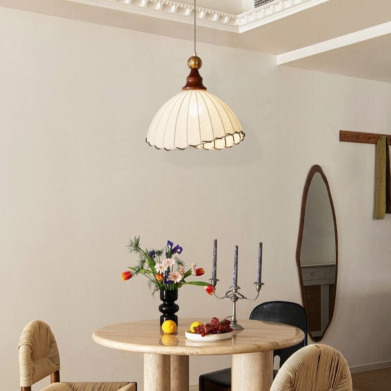 Modern Fabric Pendant Light for Dining & Living Room | Pleated Shade Wood Accent | E26/E27 LED Compatible | Adjustable Cable | 40cm
