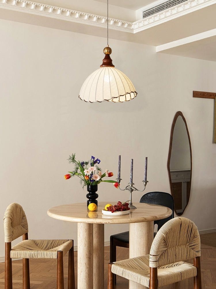 Modern Fabric Pendant Light for Dining & Living Room | Pleated Shade Wood Accent | E26/E27 LED Compatible | Adjustable Cable | 40cm