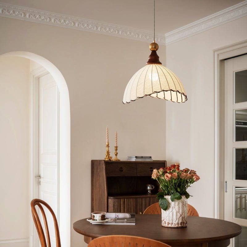 Modern Fabric Pendant Light for Dining & Living Room | Pleated Shade Wood Accent | E26/E27 LED Compatible | Adjustable Cable | 40cm