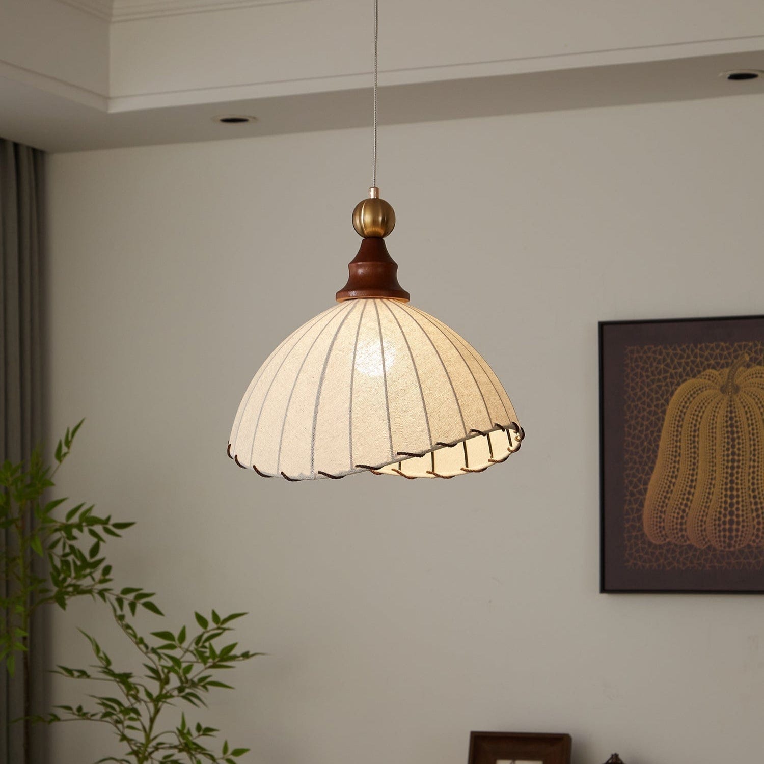 Modern Fabric Pendant Light for Dining & Living Room | Pleated Shade Wood Accent | E26/E27 LED Compatible | Adjustable Cable | 40cm