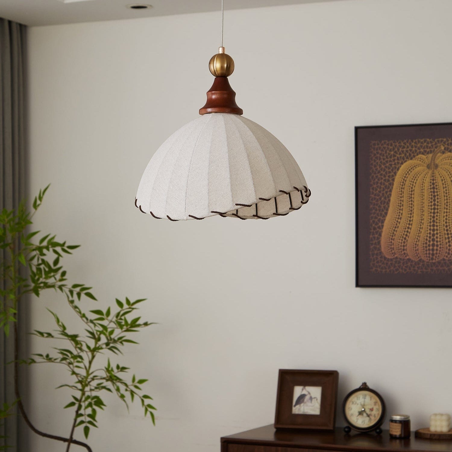 Modern Fabric Pendant Light for Dining & Living Room | Pleated Shade Wood Accent | E26/E27 LED Compatible | Adjustable Cable | 40cm