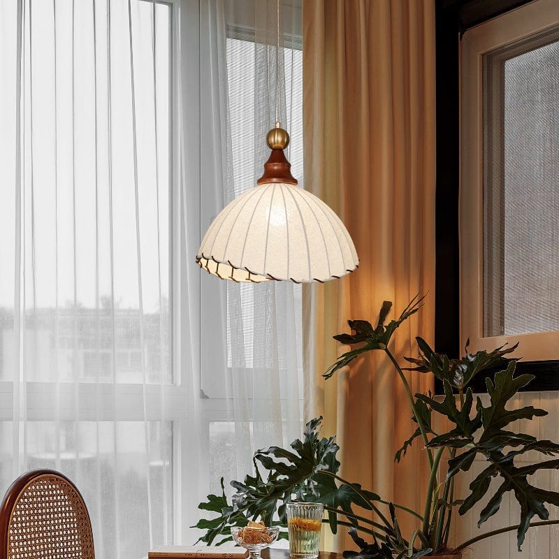 Modern Fabric Pendant Light for Dining & Living Room | Pleated Shade Wood Accent | E26/E27 LED Compatible | Adjustable Cable | 40cm