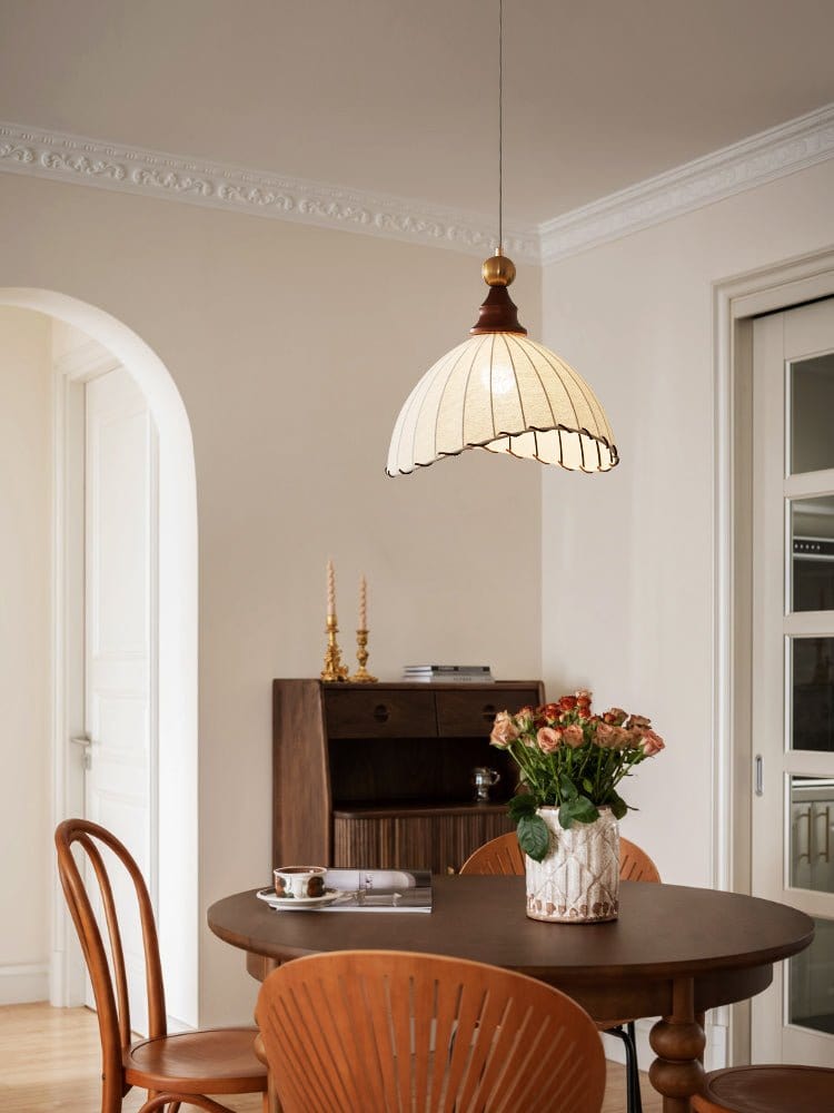 Modern Fabric Pendant Light for Dining & Living Room | Pleated Shade Wood Accent | E26/E27 LED Compatible | Adjustable Cable | 40cm