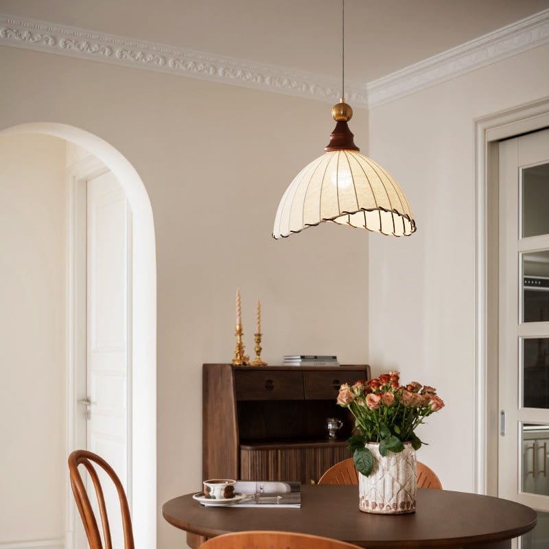Modern Fabric Pendant Light for Dining & Living Room | Pleated Shade Wood Accent | E26/E27 LED Compatible | Adjustable Cable | 40cm