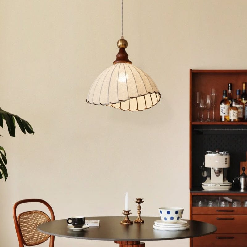 Modern Fabric Pendant Light for Dining & Living Room | Pleated Shade Wood Accent | E26/E27 LED Compatible | Adjustable Cable | 40cm