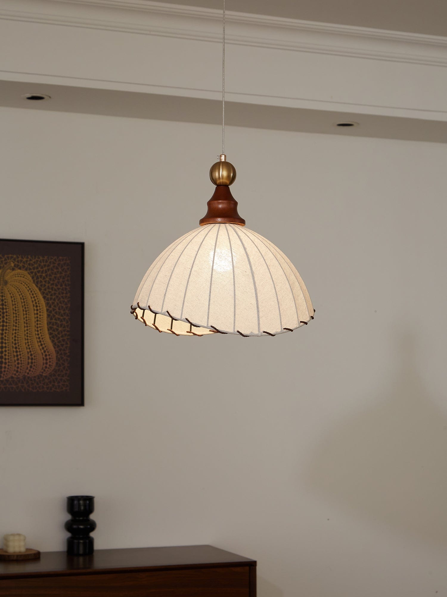 Modern Fabric Pendant Light for Dining & Living Room | Pleated Shade Wood Accent | E26/E27 LED Compatible | Adjustable Cable | 40cm