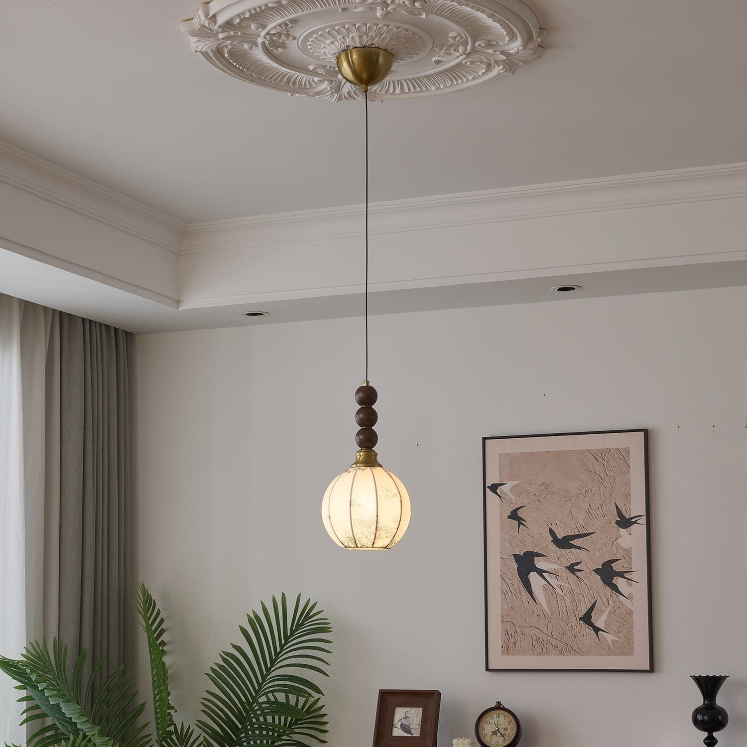 Classic European Style Pendant Lamp | Glass, Wood & Fabric | E26/E27 LED Compatible | Dining & Bedroom Accent | Multiple Sizes