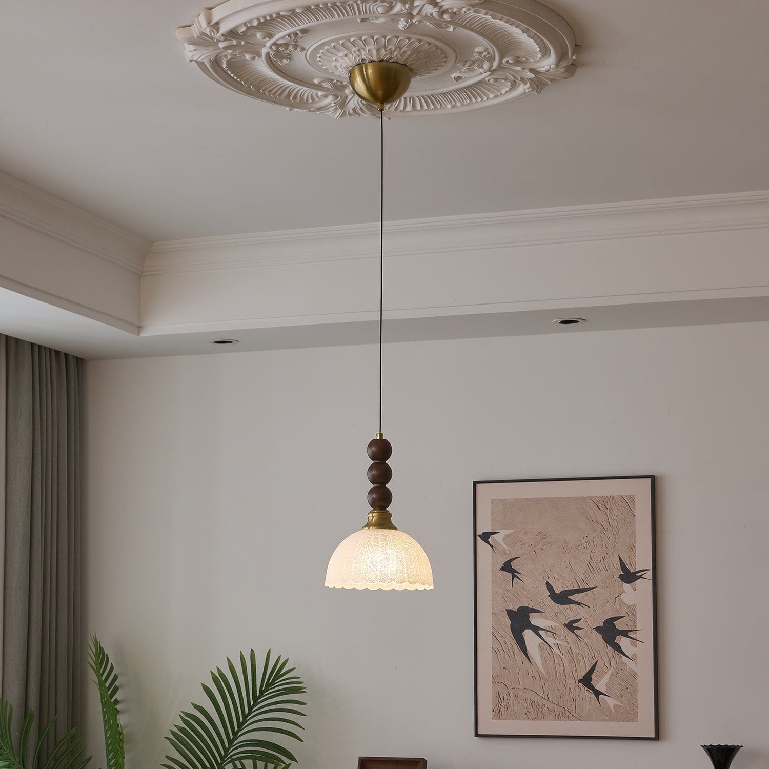 Classic European Style Pendant Lamp | Glass, Wood & Fabric | E26/E27 LED Compatible | Dining & Bedroom Accent | Multiple Sizes