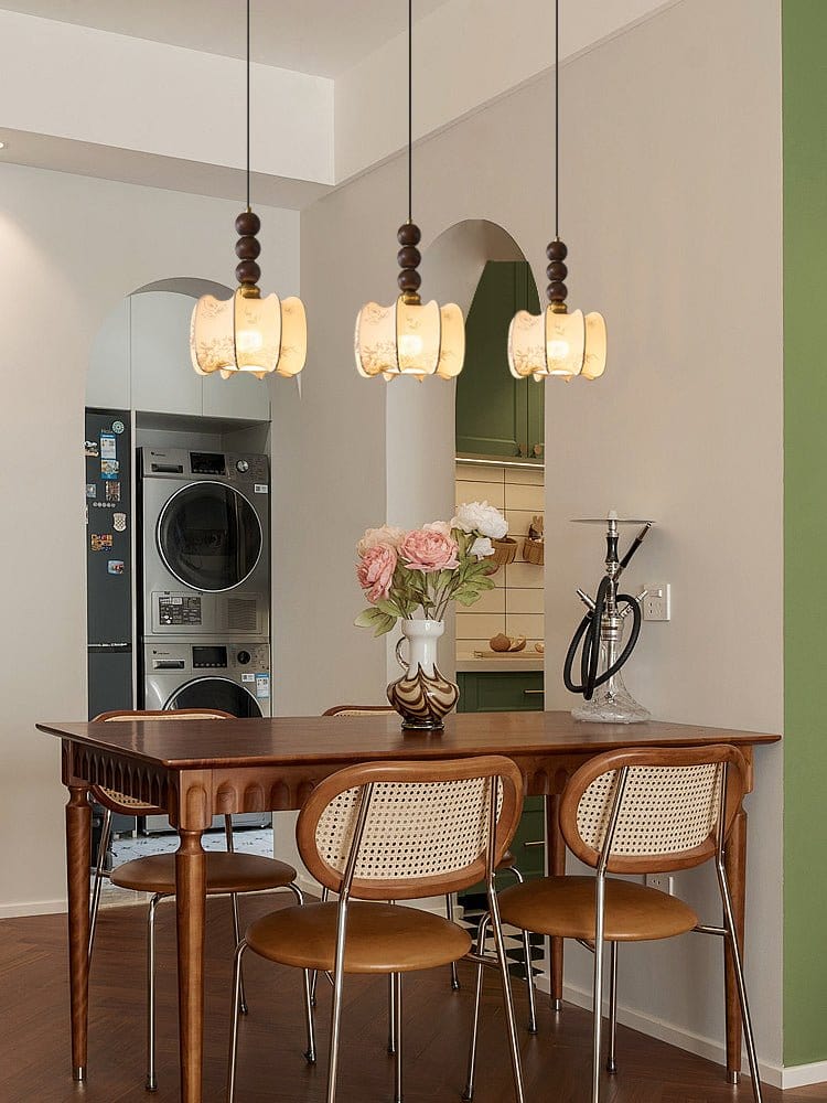 Classic European Style Pendant Lamp | Glass, Wood & Fabric | E26/E27 LED Compatible | Dining & Bedroom Accent | Multiple Sizes