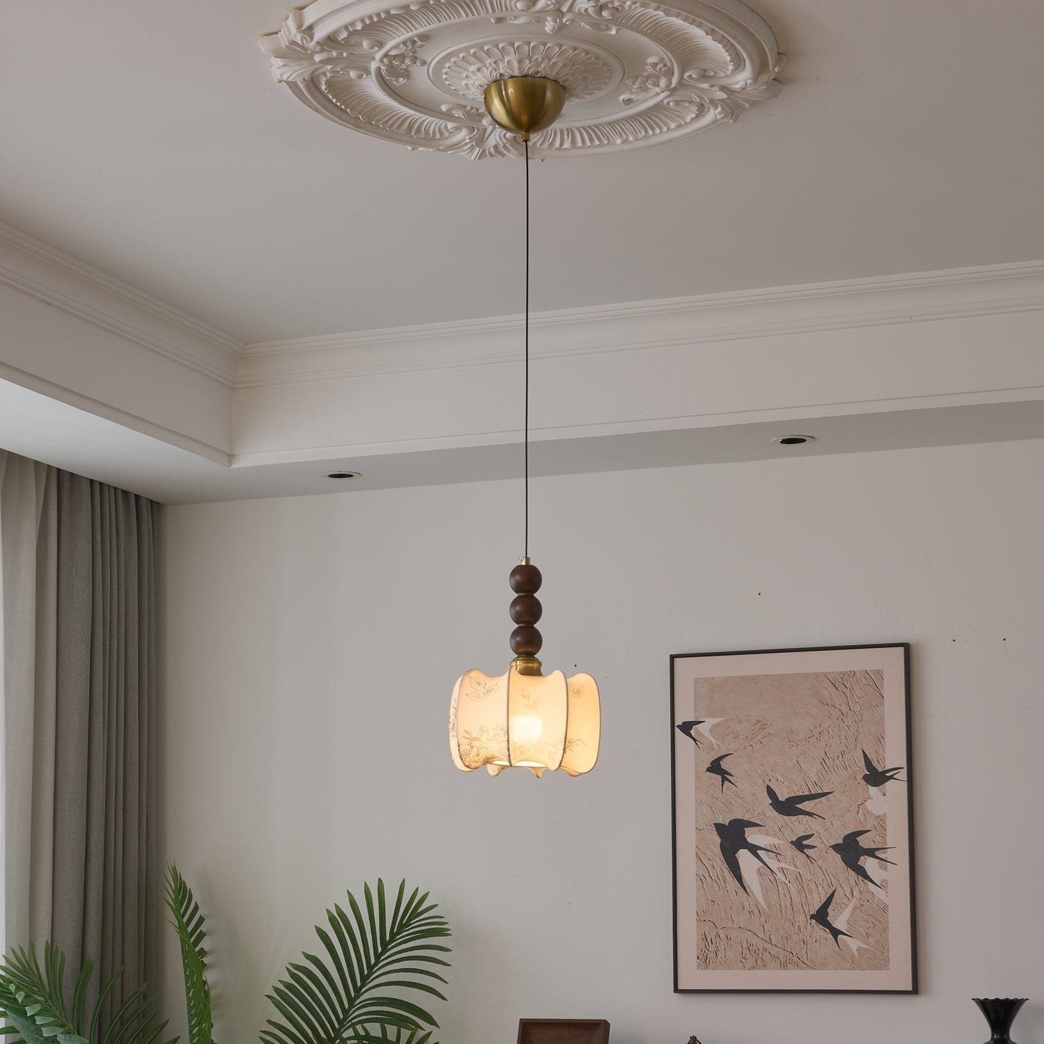Classic European Style Pendant Lamp | Glass, Wood & Fabric | E26/E27 LED Compatible | Dining & Bedroom Accent | Multiple Sizes