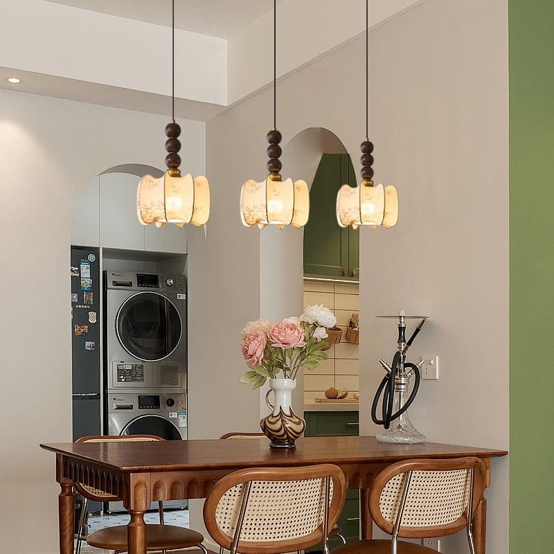 Classic European Style Pendant Lamp | Glass, Wood & Fabric | E26/E27 LED Compatible | Dining & Bedroom Accent | Multiple Sizes
