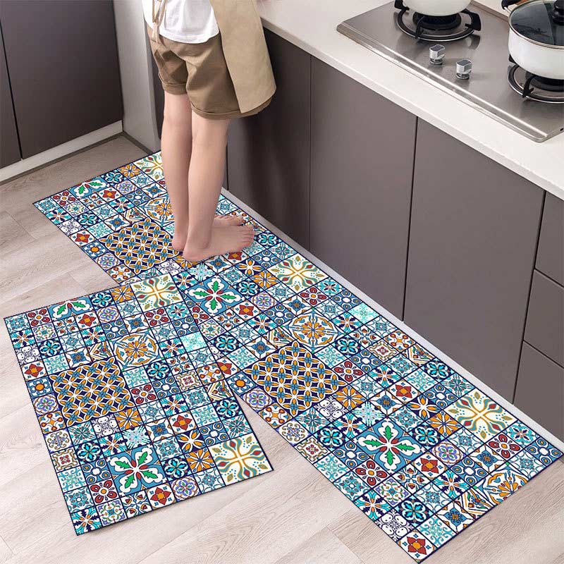 Blue Bohemian Patchwork Kitchen Rug Set (2pcs) Anti-Slip Polyester Floor Mats | Kitchen & Entryway Rugs 40x60 + 40x120cm