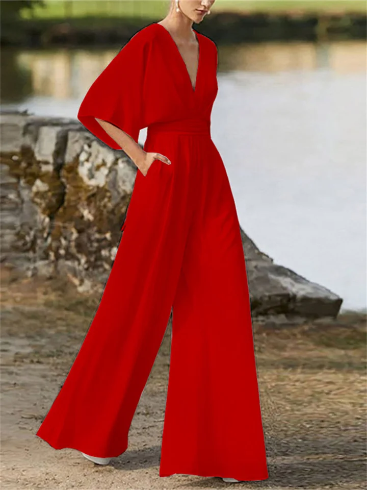 Women | V-Neck Jumpsuit | Wide-Leg | Batwing Sleeve | Elegant Casual