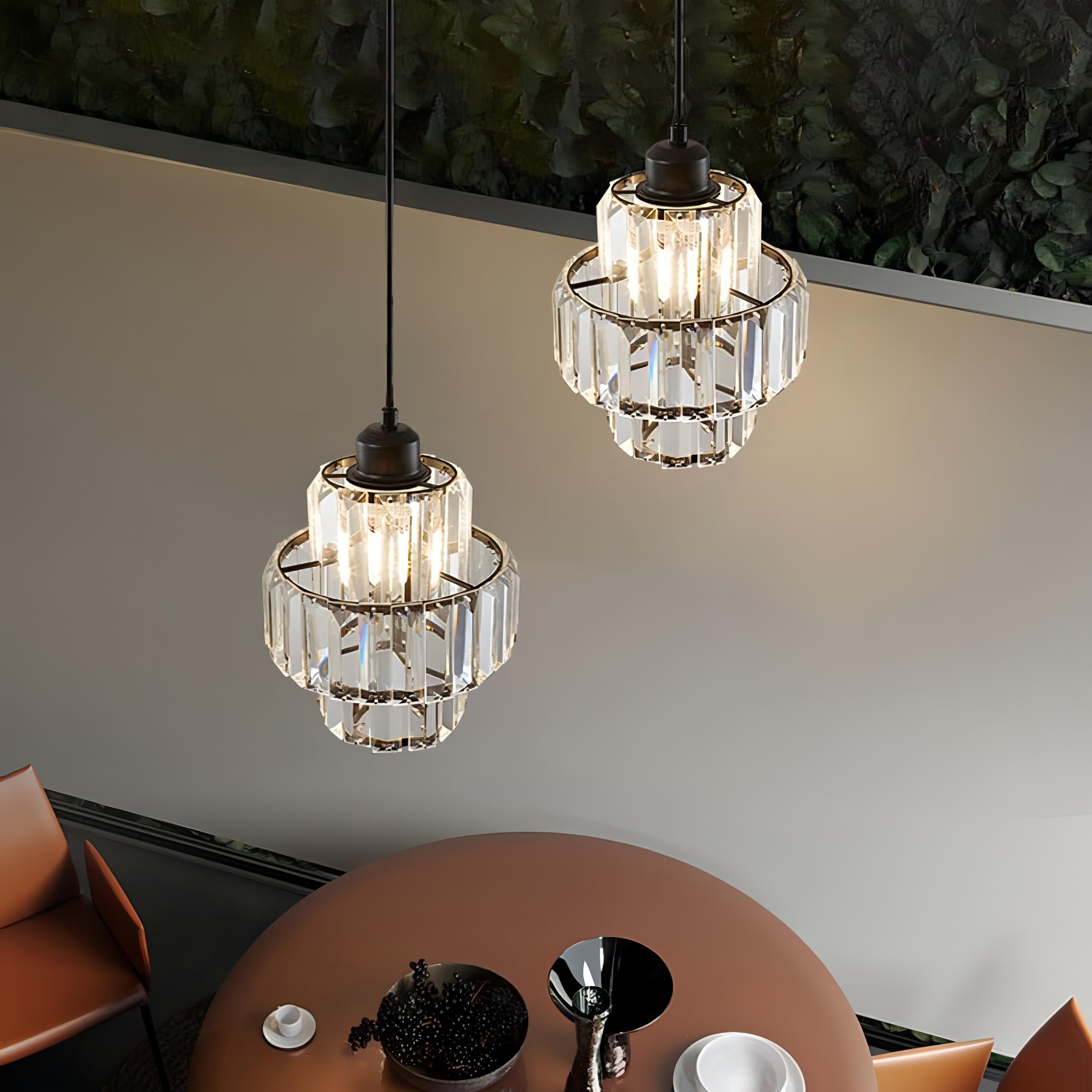 Fernando Round Layered Crystal Pendant Lamp | Glass & Iron | E27 Bulb Compatible | Elegant Hallway & Lobby Lighting | 17x22cm