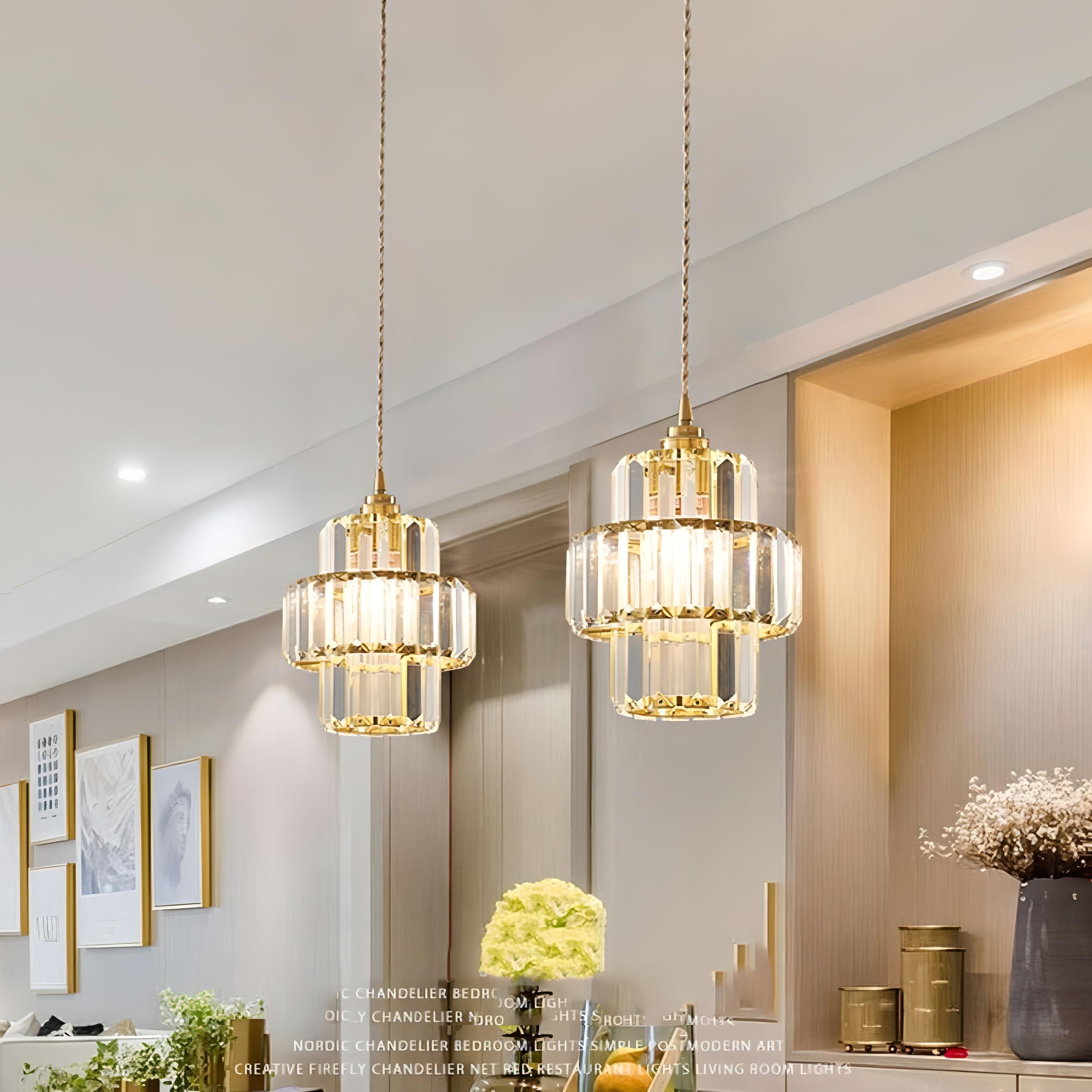 Fernando Round Layered Crystal Pendant Lamp | Glass & Iron | E27 Bulb Compatible | Elegant Hallway & Lobby Lighting | 17x22cm