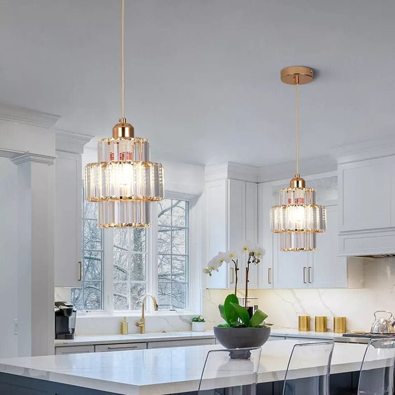 Fernando Round Layered Crystal Pendant Lamp | Glass & Iron | E27 Bulb Compatible | Elegant Hallway & Lobby Lighting | 17x22cm