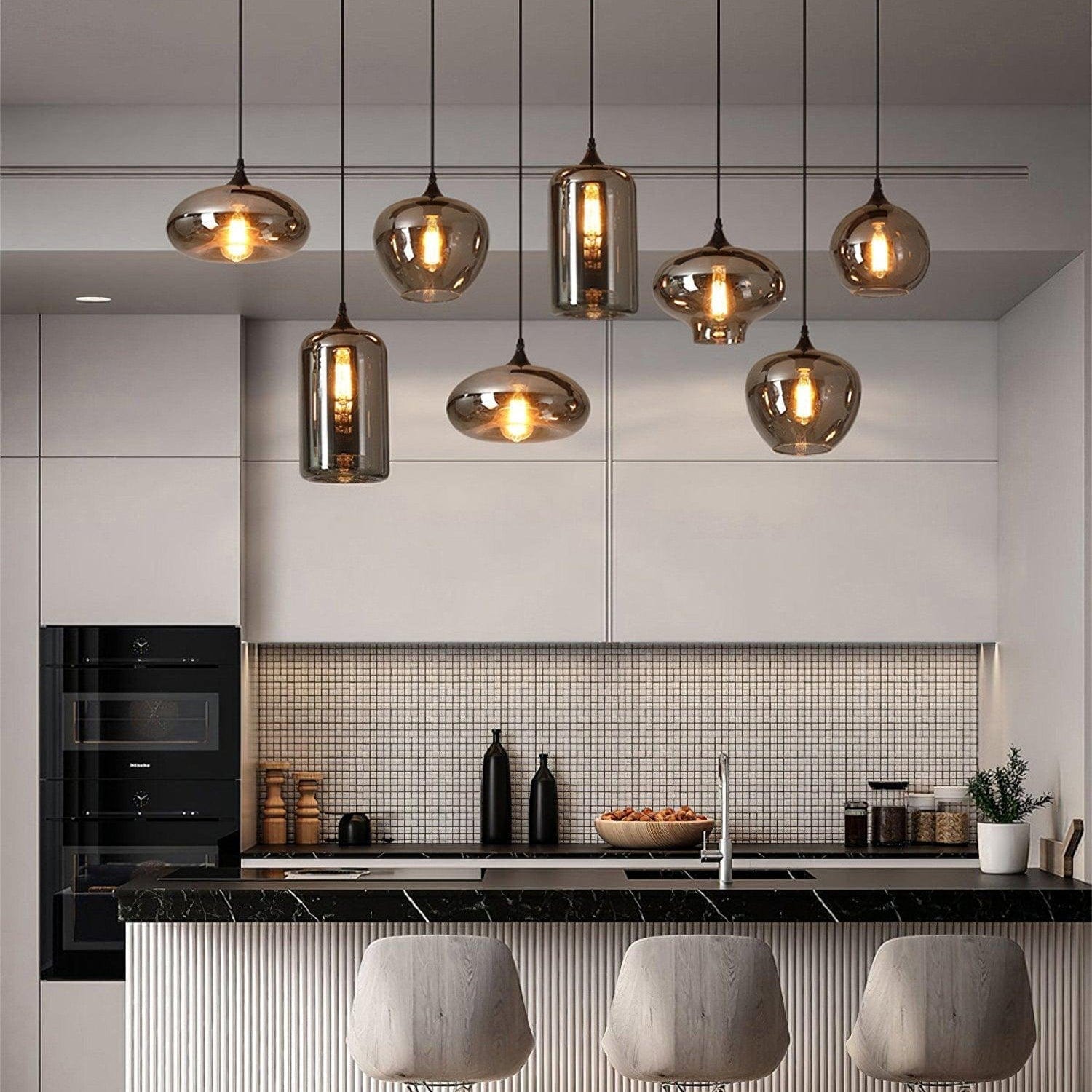Luxury Bottle Glass Pendant Lamp Smoke Glass | Black Metal Finish | E26 E27 Compatible | Adjustable Hanging Rod | Modern Ambient Lighting
