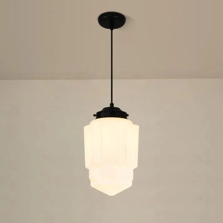 Vintage White Milk Glass Geometric Jar Pendant Lamp | E27 Hanging Light | Adjustable Cord | Decorative Ambient Lighting
