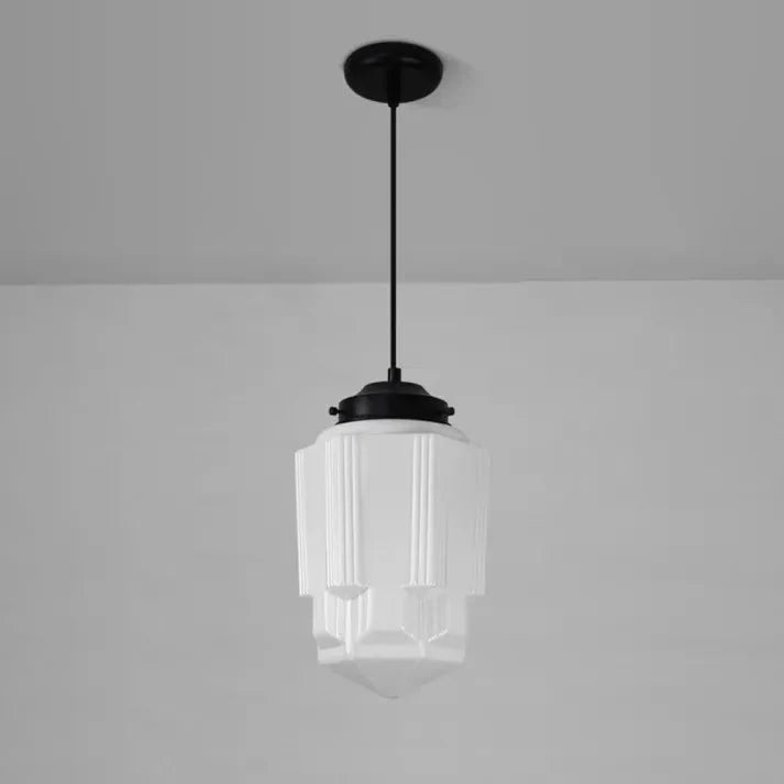Vintage White Milk Glass Geometric Jar Pendant Lamp | E27 Hanging Light | Adjustable Cord | Decorative Ambient Lighting
