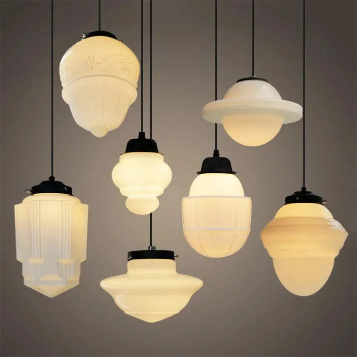 Vintage White Milk Glass Geometric Jar Pendant Lamp | E27 Hanging Light | Adjustable Cord | Decorative Ambient Lighting