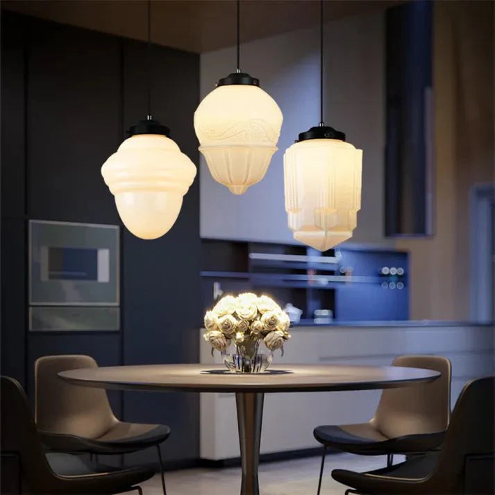 Vintage White Milk Glass Geometric Jar Pendant Lamp | E27 Hanging Light | Adjustable Cord | Decorative Ambient Lighting