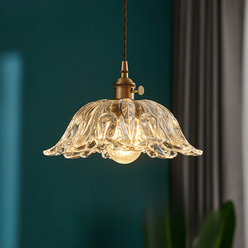 Glass Flower Pendant Lamp Floral Ceiling Light | Copper & Glass | LED Compatible | Ambient Indoor Lighting | Bedroom & Dining Decor