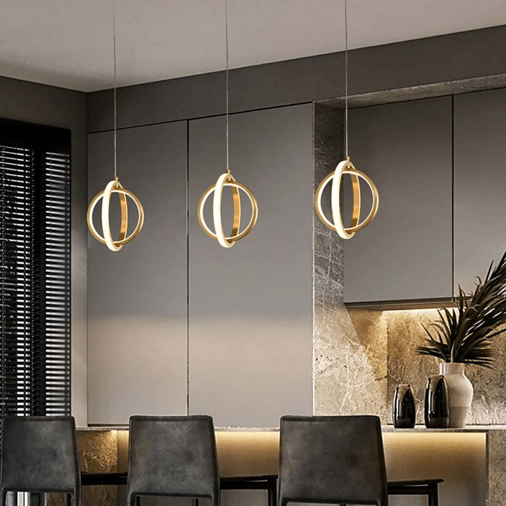 Golden 2-Ring Pendant Lamp Modern Geometric LED Light | Brass Finish | Integrated LED | Minimalist Ceiling Lighting