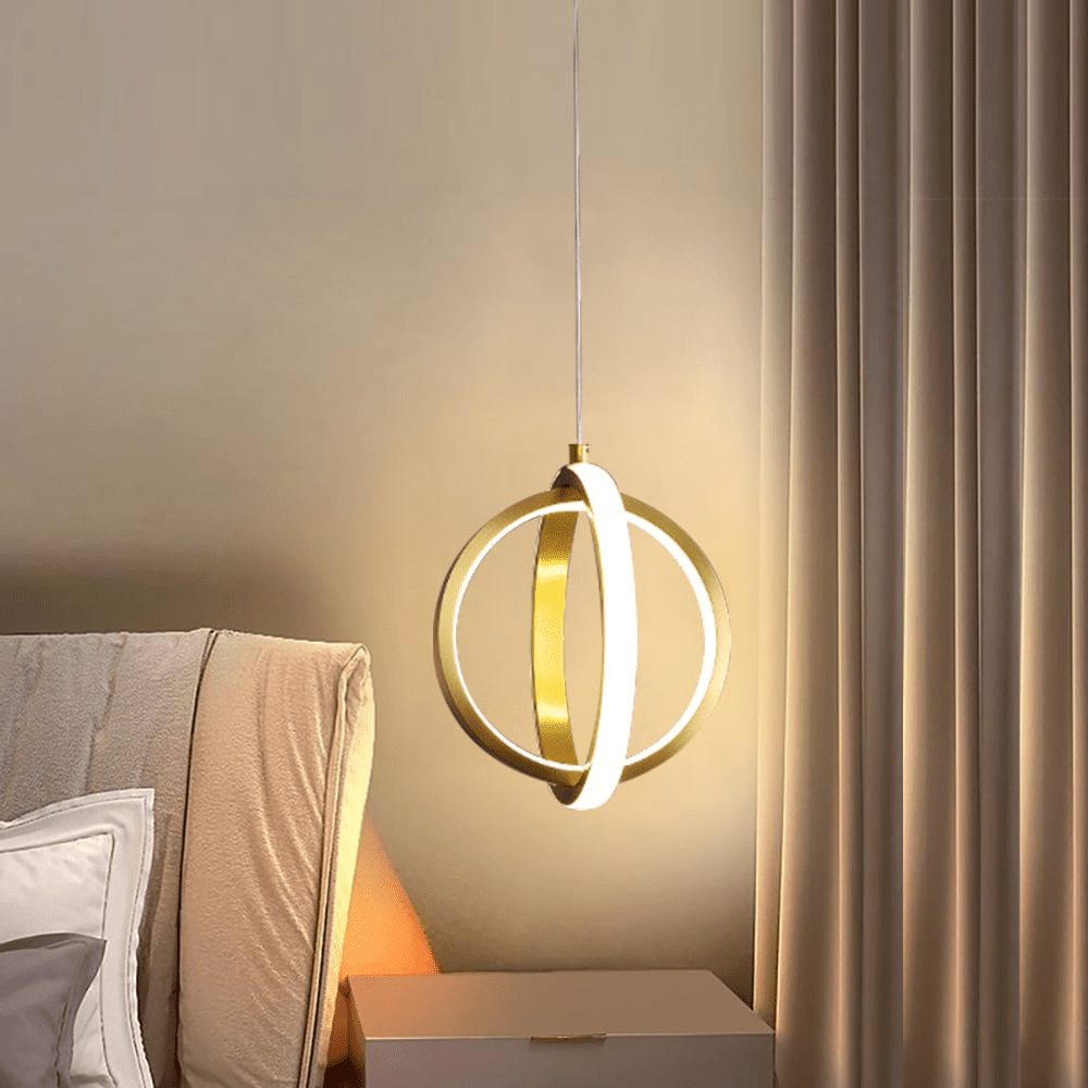 Golden 2-Ring Pendant Lamp Modern Geometric LED Light | Brass Finish | Integrated LED | Minimalist Ceiling Lighting