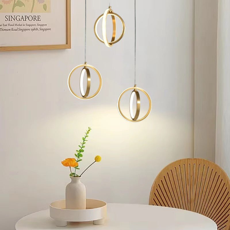 Golden 2-Ring Pendant Lamp Modern Geometric LED Light | Brass Finish | Integrated LED | Minimalist Ceiling Lighting