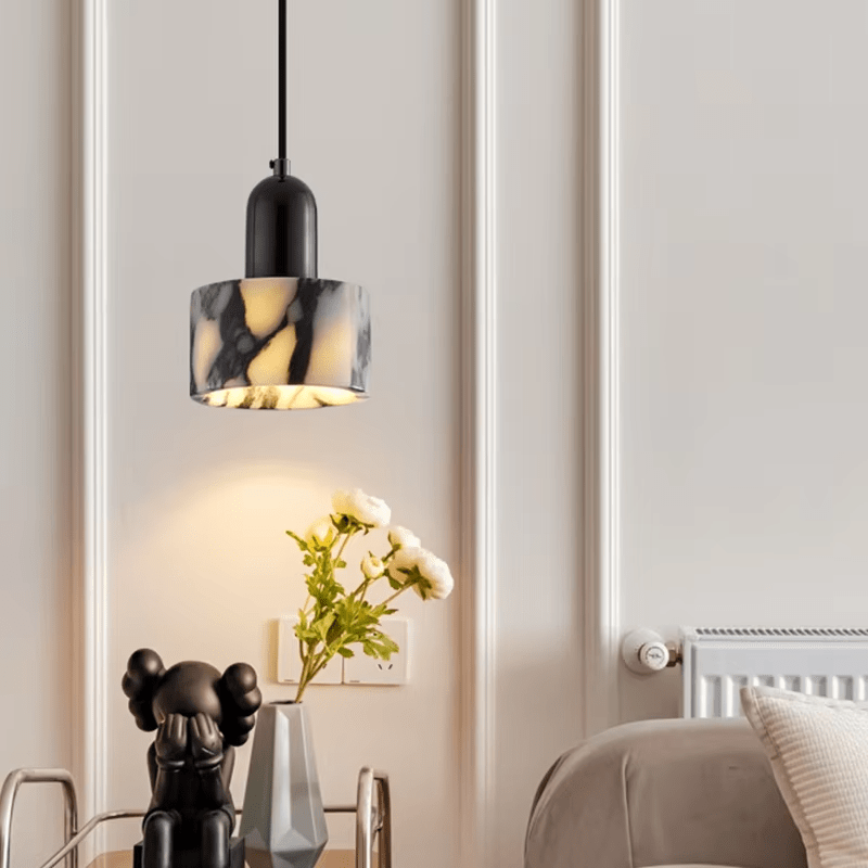 Black Marble Pendant Lamp | Natural Stone Shade | E27 LED Bulb Included | Modern Dining Kitchen Living Room Light