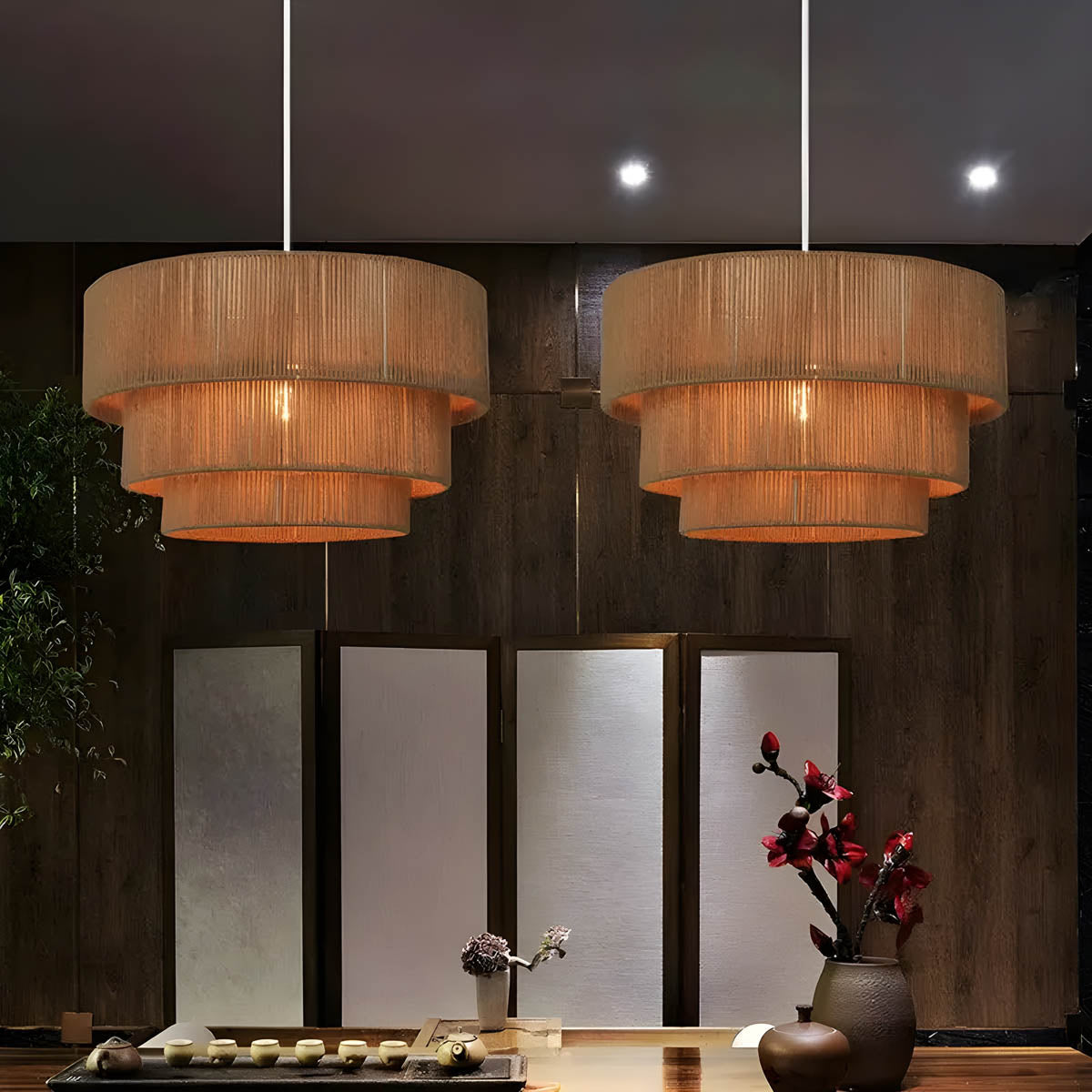 MIZU Hemp Rope Pendant Light Natural Design | Metal Frame Hanging Lamp | E27 LED Included | Rustic Modern Ceiling Lighting | Adjustable Cord