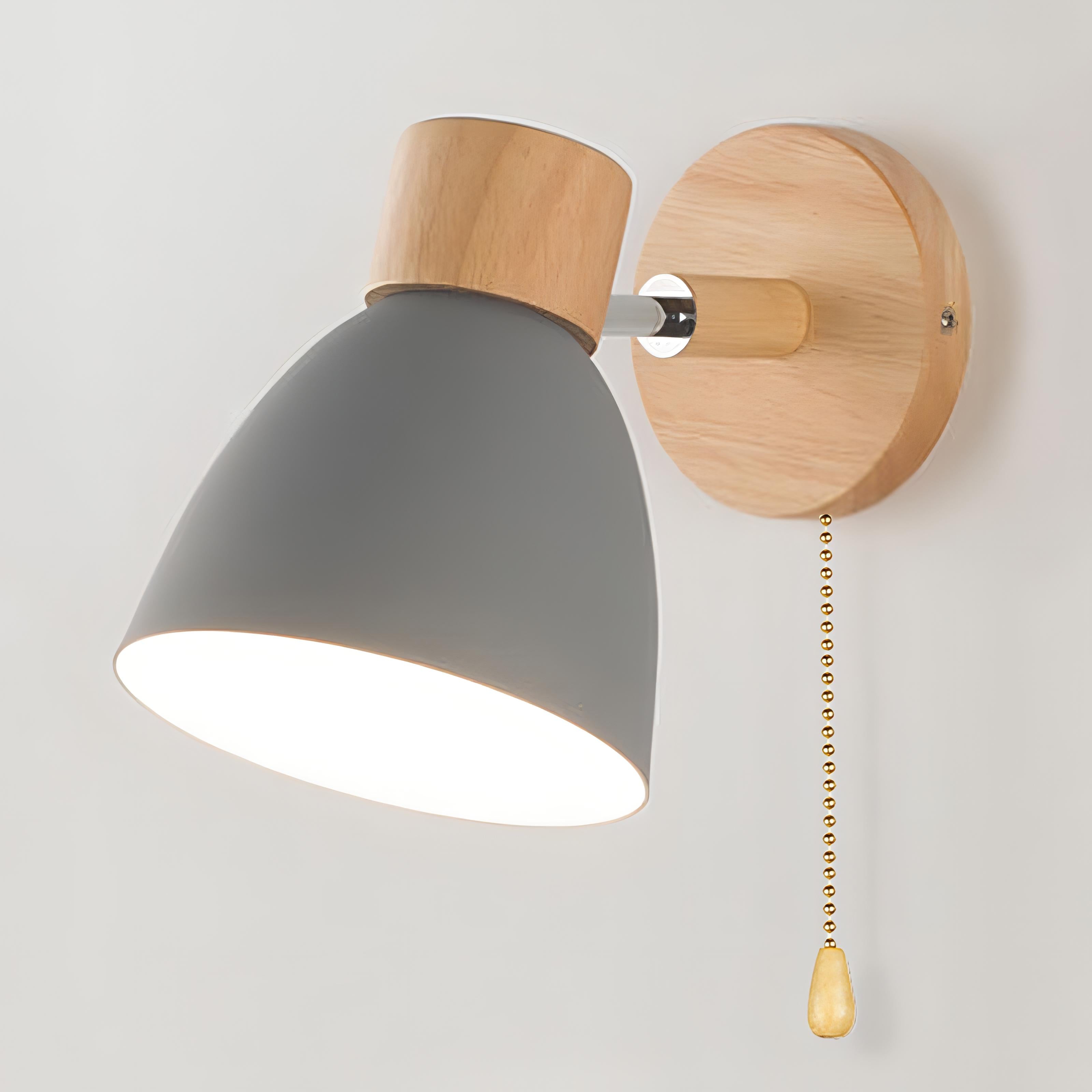 Scandinavian Wood Wall Lamp with Pull Switch | Nordic Modern E27 Wall Light | Wood & Metal Fixture | Indoor Lighting for Bedroom & Living Room